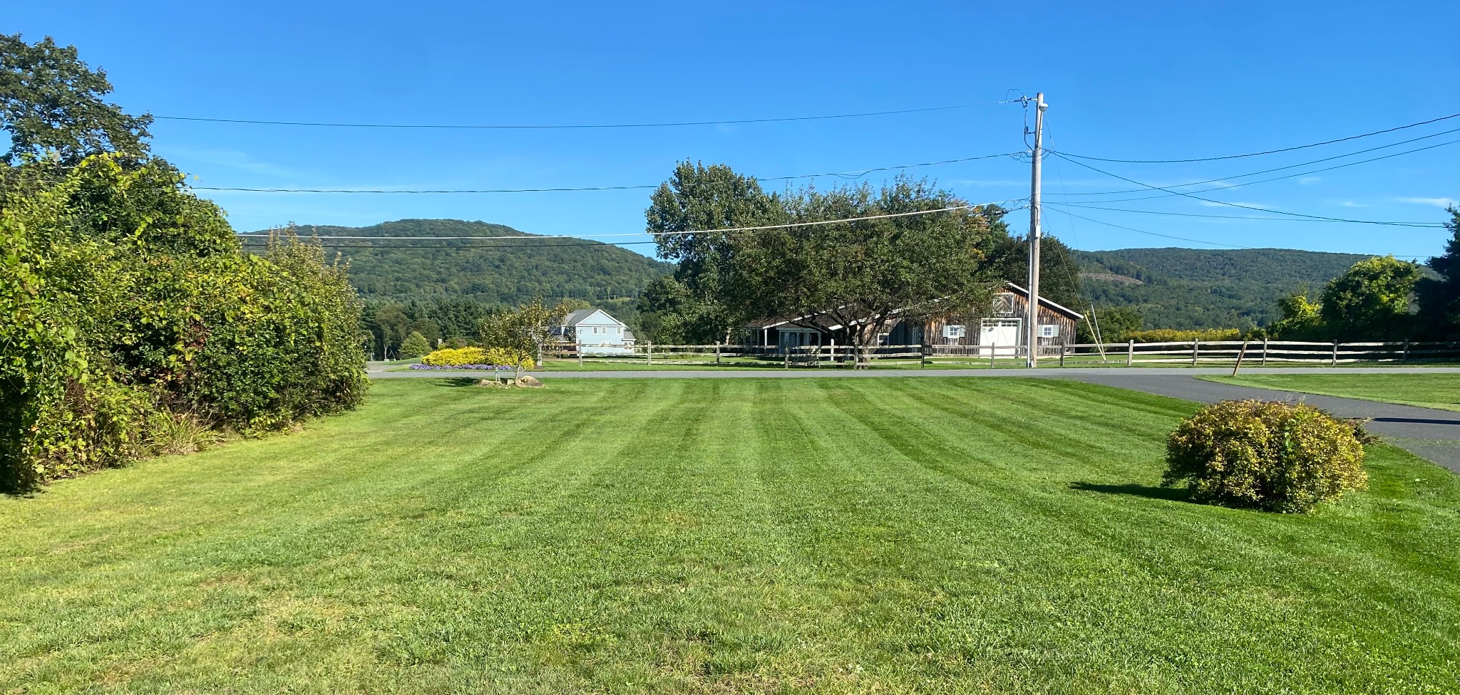 Green lawn with neat mowing stripes and mountains in the background